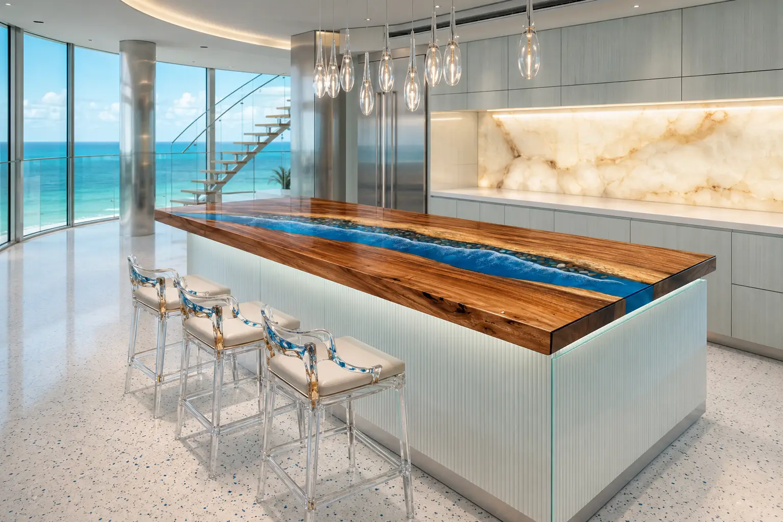 Custom Epoxy River Countertop crafted from Walnut and Blue epoxy resin SKU ERC051