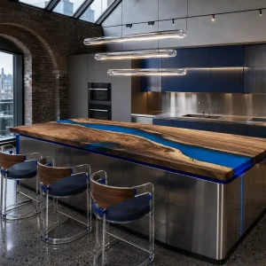 Designer Walnut Epoxy River Countertop featuring Blue epoxy resin product ERC052