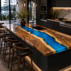 Made-to-Order Walnut Epoxy River Countertop featuring Blue epoxy resin product ERC056