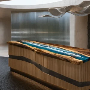 Handcrafted Epoxy River Countertop with Walnut and Ocean Beach epoxy resin in a Live Edge design SKU ERC061