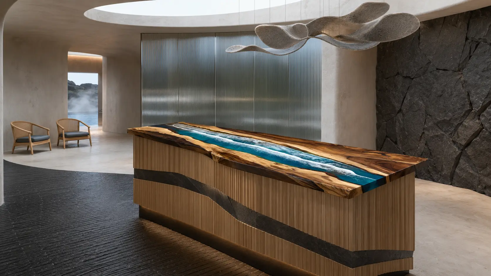 Handcrafted Epoxy River Countertop with Walnut and Ocean Beach epoxy resin in a Live Edge design SKU ERC061