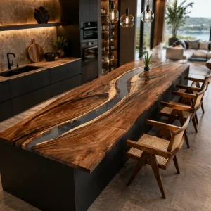 Luxury Live Edge Epoxy River Countertop crafted from Walnut and Black epoxy resin SKU ERC062
