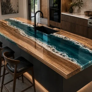 Made-to-order Epoxy River Countertop in Walnut and Ocean Beach epoxy resin model ERC065