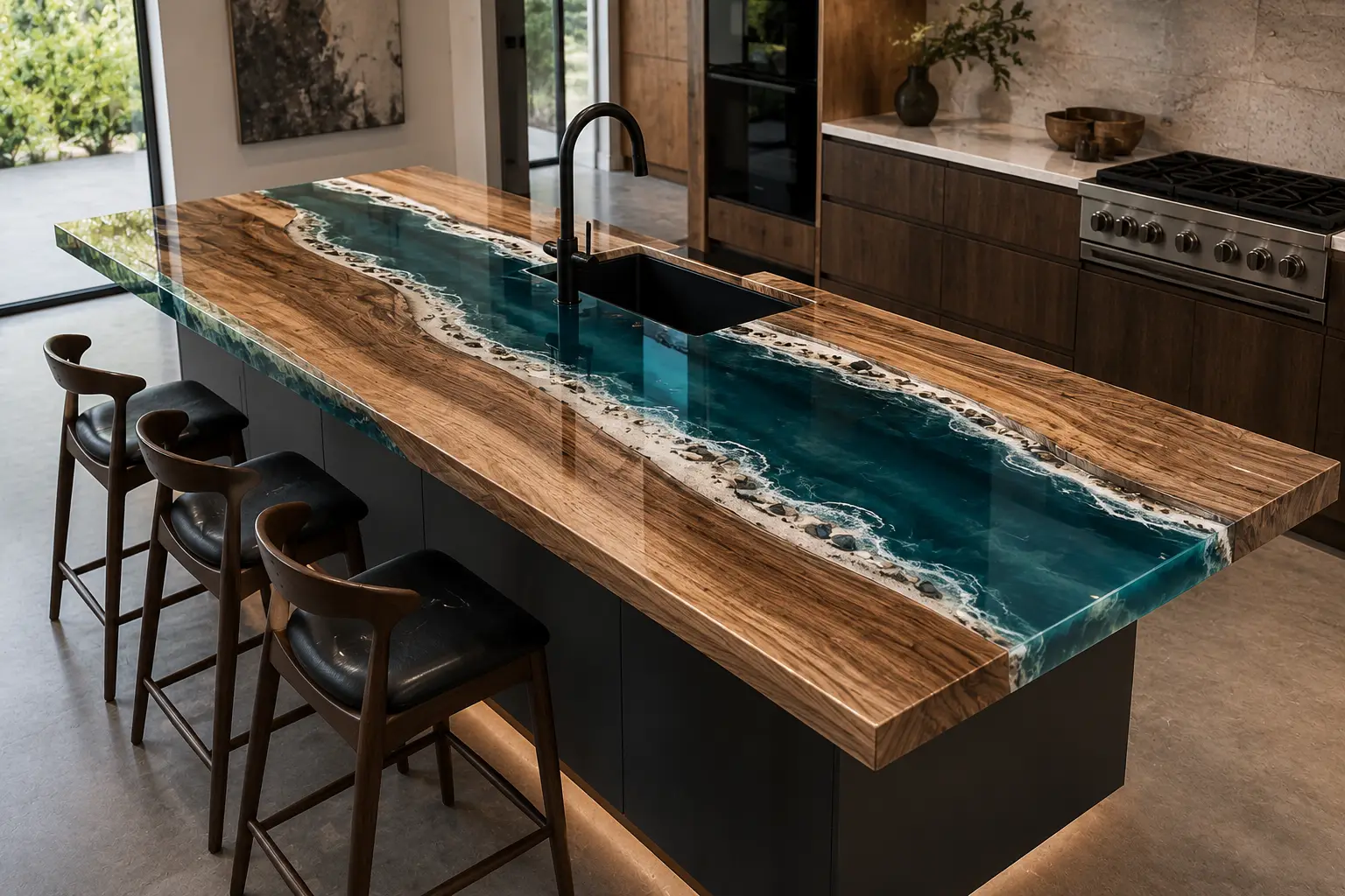 Made-to-order Epoxy River Countertop in Walnut and Ocean Beach epoxy resin model ERC065