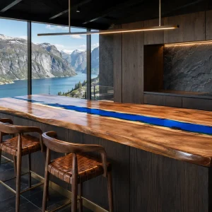 Designer Epoxy River Countertop made with Walnut and Blue epoxy resin reference ERC066