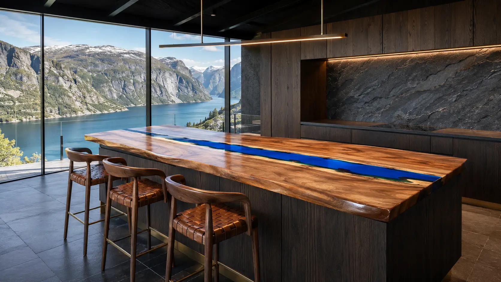 Designer Epoxy River Countertop made with Walnut and Blue epoxy resin reference ERC066