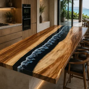 Designer Epoxy River Countertop made with Walnut and Ocean Beach epoxy resin reference ERC067