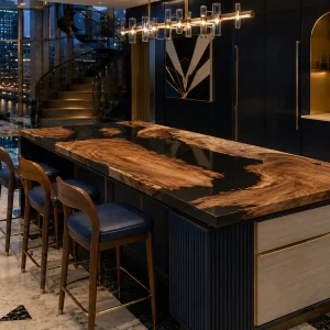 Handcrafted Epoxy River Countertop with Walnut and Black epoxy resin in a Live Edge design SKU ERC070