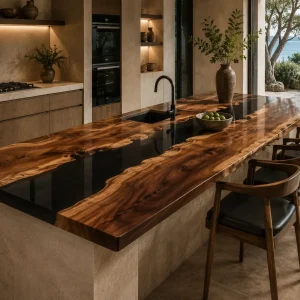 Designer Live Edge Epoxy River Countertop made with Walnut and Black epoxy resin reference ERC071