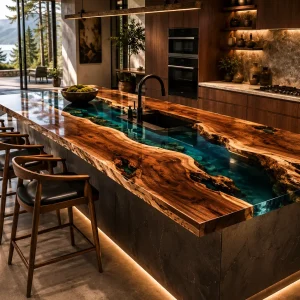 Bespoke Walnut Epoxy River Countertop featuring Green epoxy resin product ERC072