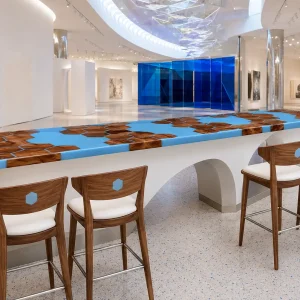 Custom Walnut Ocean Beach Solid Color Epoxy Countertop with Blue Epoxy SCET003
