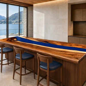 Custom Walnut River Solid Color Epoxy Countertop with Blue Epoxy SCET013