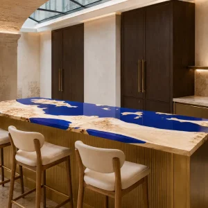 Custom French Poplar Live Edge Solid Color Epoxy Countertop with Blue Epoxy SCET016