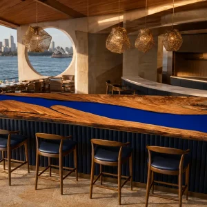 Custom Olive Wood River Solid Color Epoxy Countertop with Blue Epoxy SCET020
